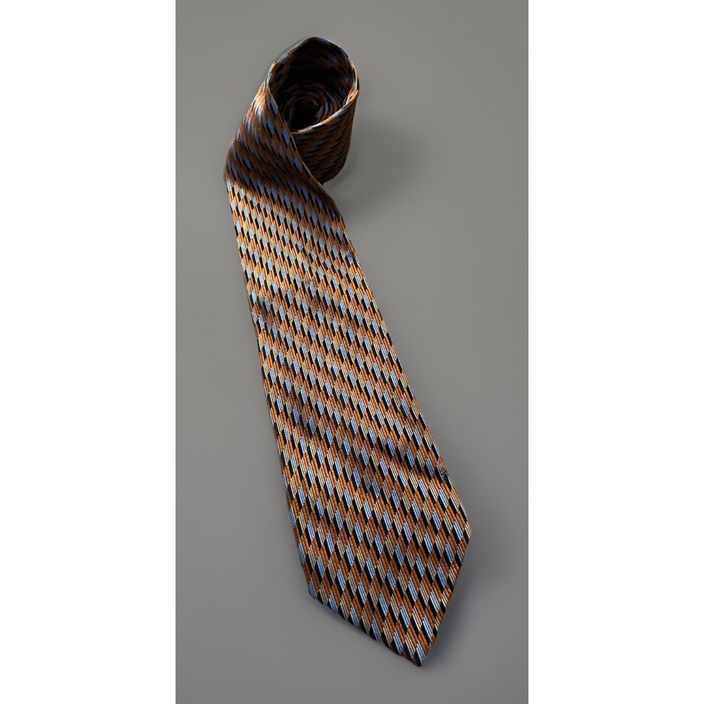 Montebello Neckwear Tie Orange Blue Geometric Pattern Italy 100% Silk JBHS
